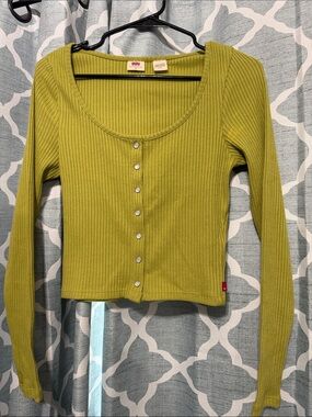 Levi's Olive Ribbed Snap-Front Long Sleeve Top